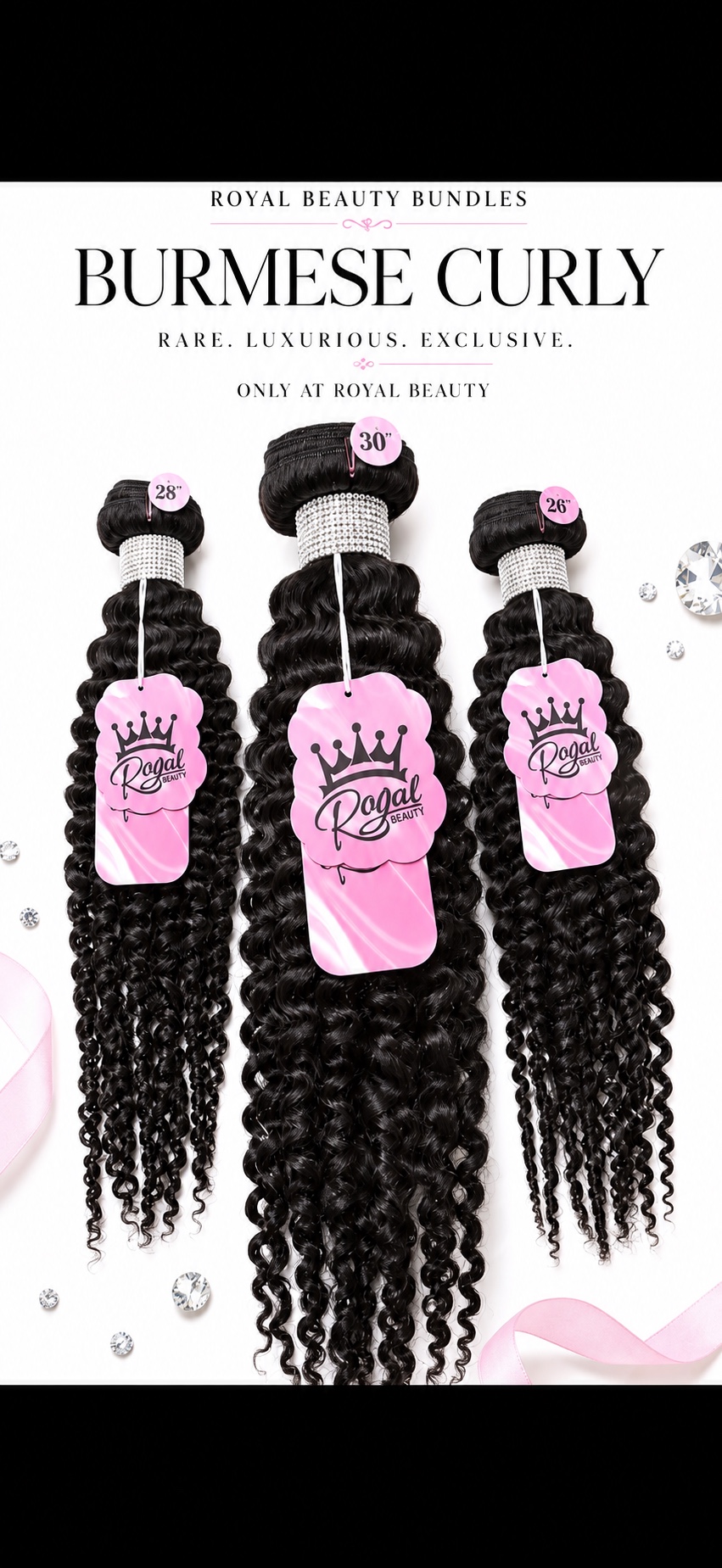 Royal Beauty Burmese Curly bundles with pink Royal Beauty labels